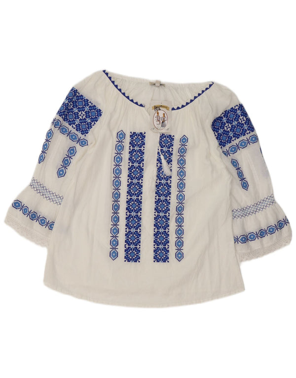 Vintage mujer 3/4 manga blusa Top Reino Unido 16 grande blanco geométrico étnico