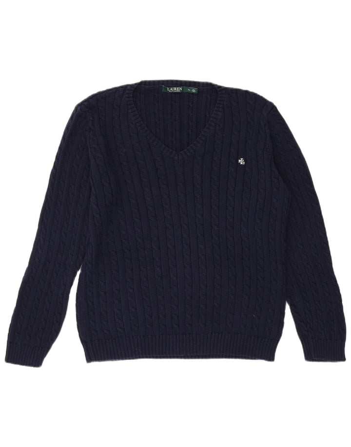 RALPH LAUREN Womens V-Neck Jumper Sweater UK 18 XL Navy Blue Cotton Vintage Ralph Lauren and Second-Hand Ralph Lauren from Messina Hembry 