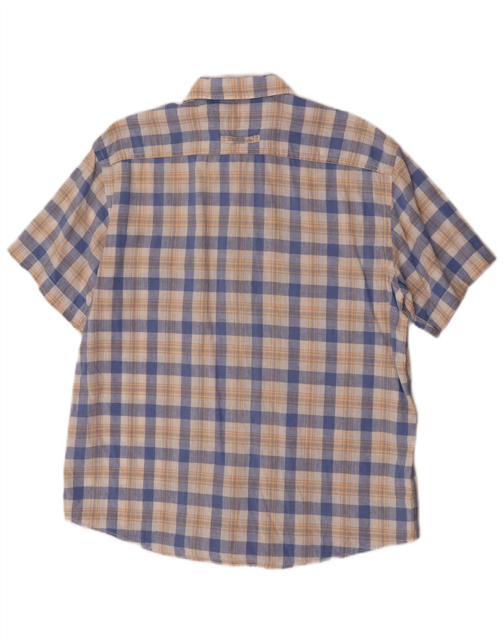 Camisa de manga corta para hombre Camel de lino a cuadros azules grandes