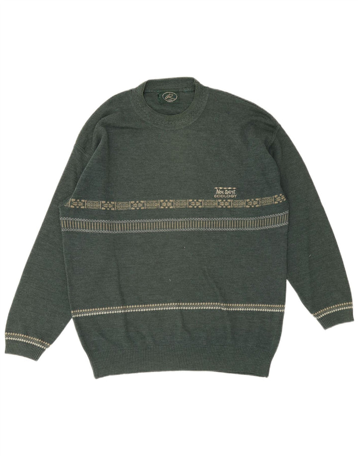 Vintage hombres cuello redondo jersey suéter medio verde lana geométrica