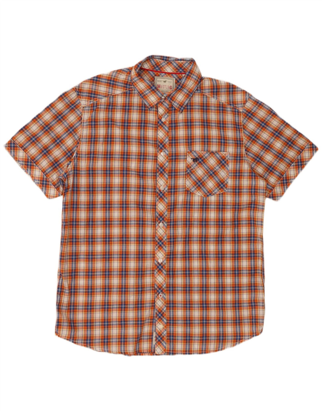 MUSTANG Camisa de manga corta para hombre de algodón a cuadros naranja grande