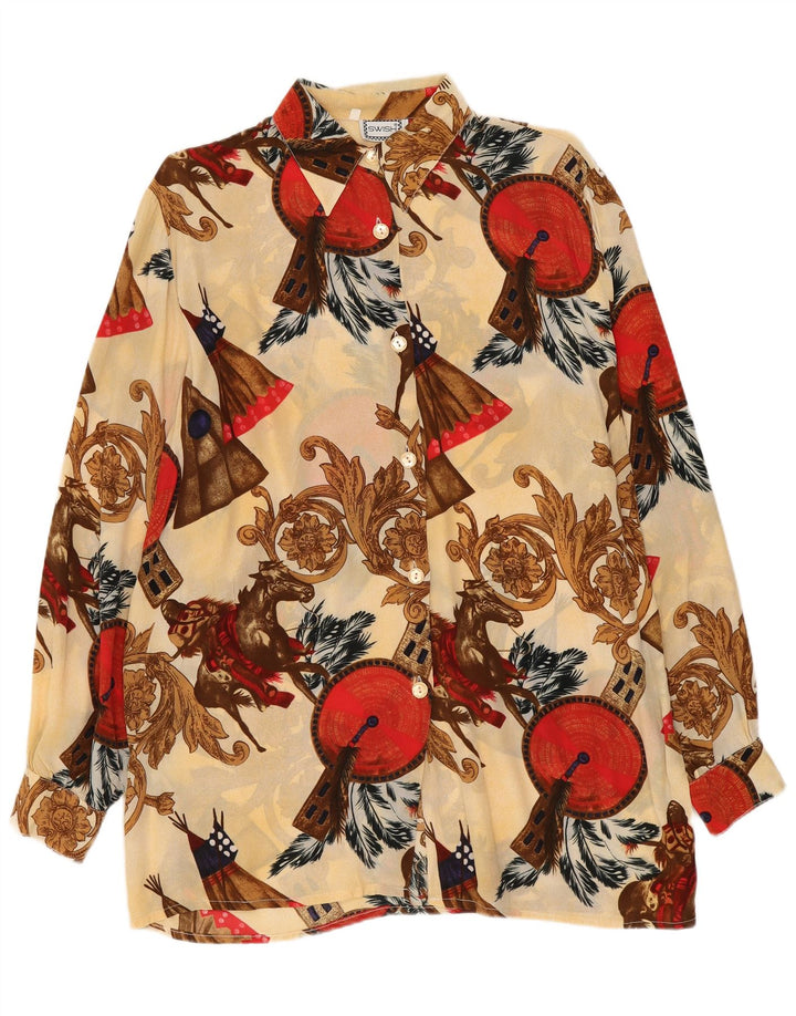 Swish Blusa tipo camisa con estampado abstracto y palangre para mujer, talla 10, color beige