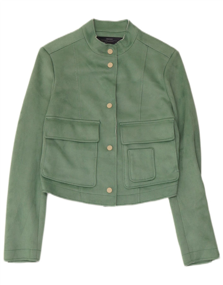 Zara Mujer Crop Bomber Jacket UK 6 XS Verde Poliéster