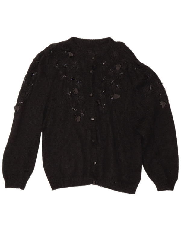 Vintage mujer oversized Cardigan suéter Reino Unido 16 grande negro floral