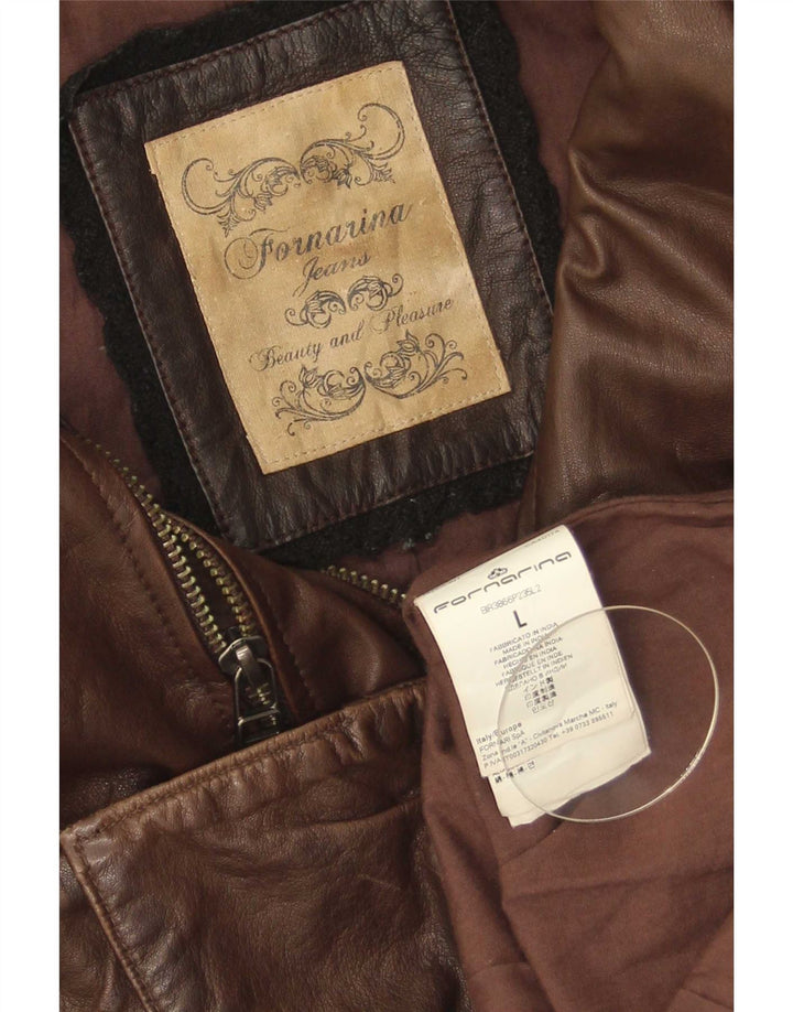 Fornarina Chaqueta de cuero militar para mujer UK 44 Grande Marrón
