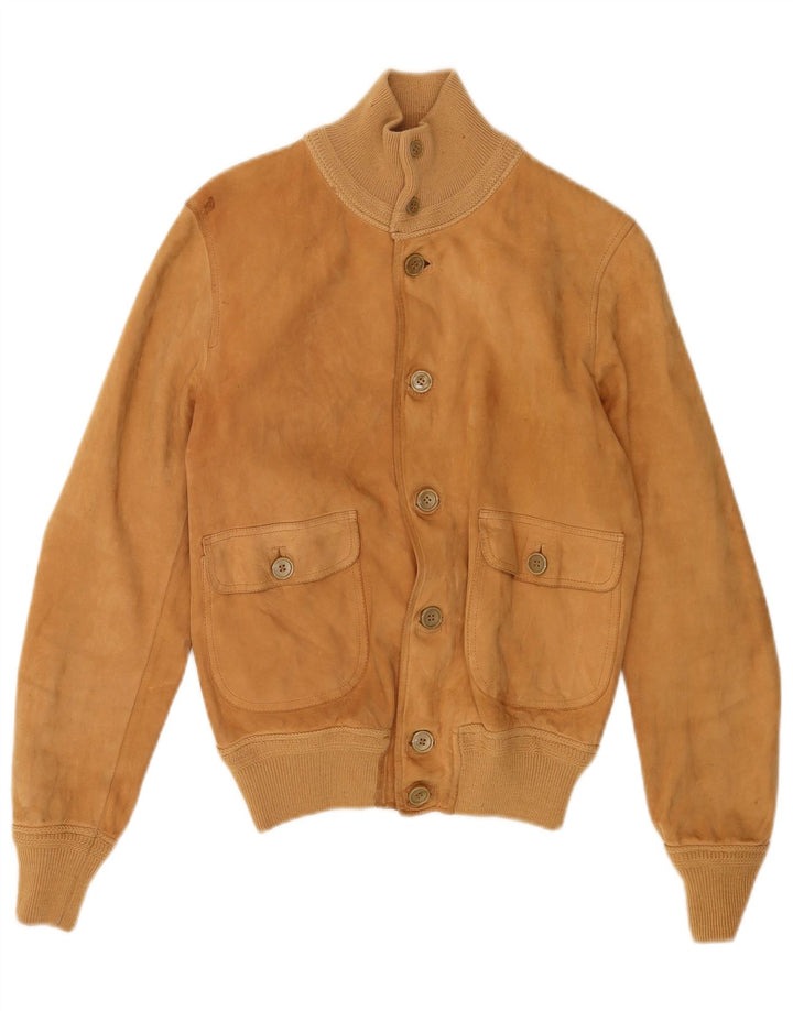 Vintage hombres ante bomber chaqueta Reino Unido 36 pequeño cuero marrón