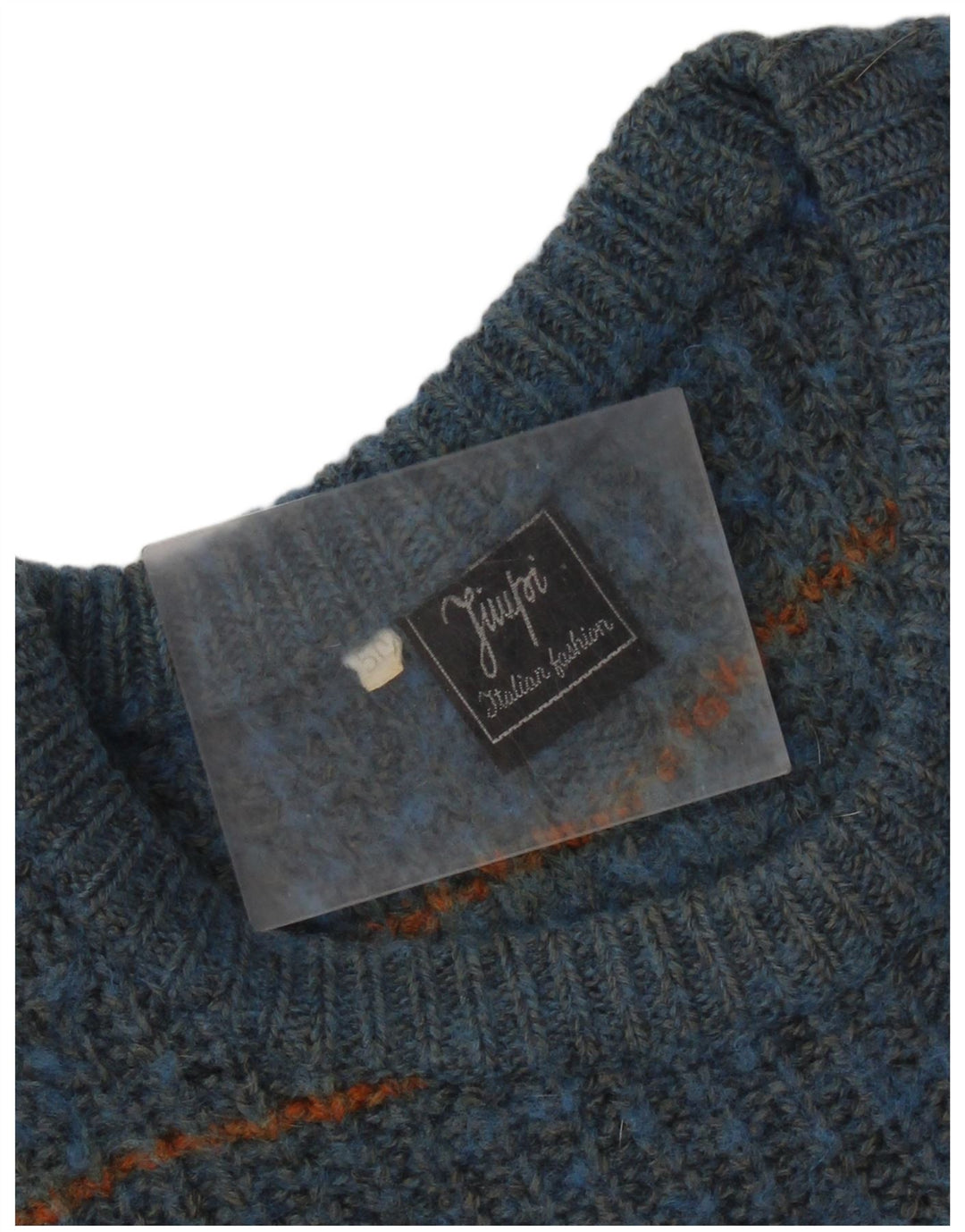 Vintage hombres cuello redondo jersey suéter IT 50 medio azul rayas