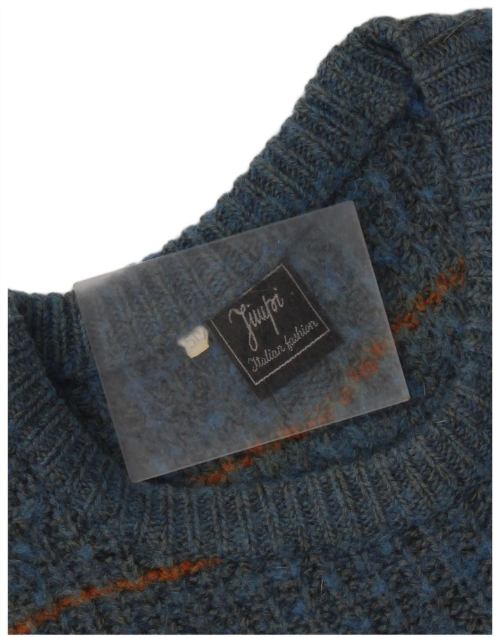 Vintage hombres cuello redondo jersey suéter IT 50 medio azul rayas