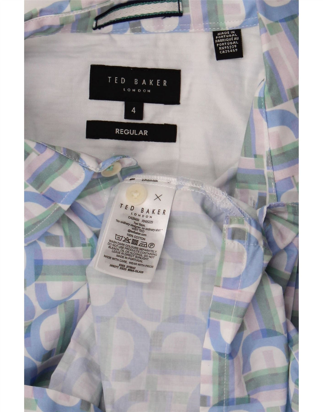 Ted Baker Camisa regular de manga corta para hombre Talla 4 Grande Azul Geométrico