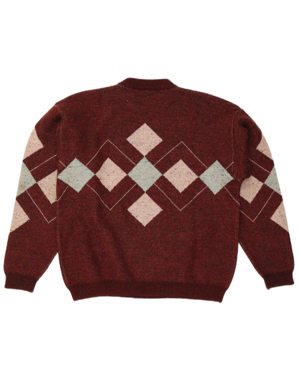 Vintage hombres cuello redondo jersey suéter grande borgoña Argyle/Diamante