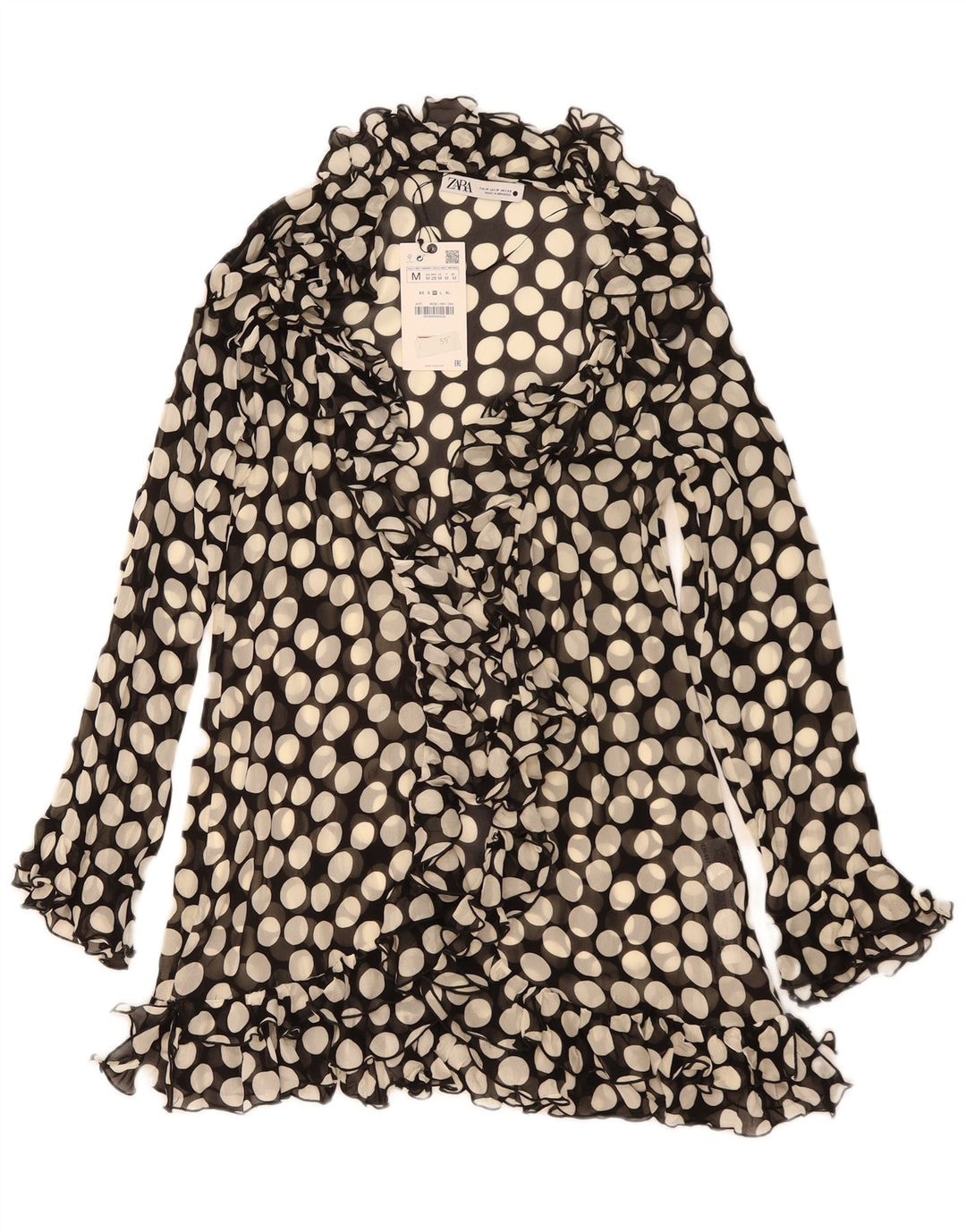Zara Vestido De Túnica Con Volantes En La Parte Delantera UK 42 Medio Viscosa De Lunares Negros