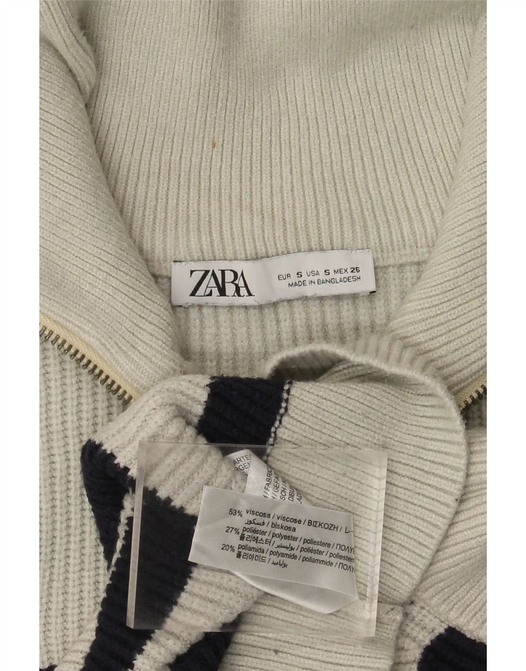Zara Camiseta sin mangas con cuello con cremallera y cuello extragrande para mujer, talla 40, talla pequeña, color blanco a rayas