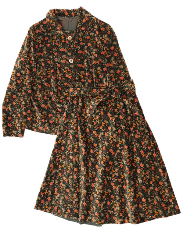 Vintage mujer terciopelo 2 piezas falda set Reino Unido 12 mediano W25 verde floral