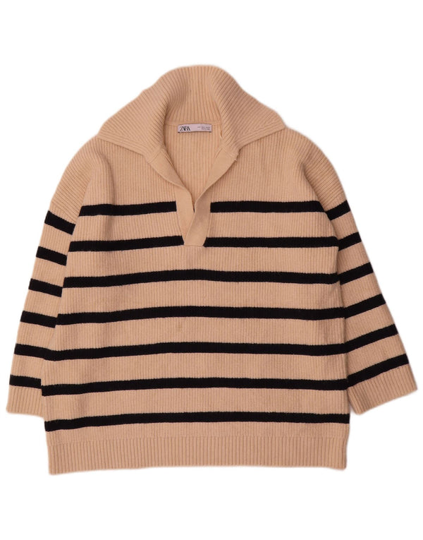 Zara - Jersey extragrande con cuello tipo polo para mujer, talla 40, talla grande, color beige, a rayas