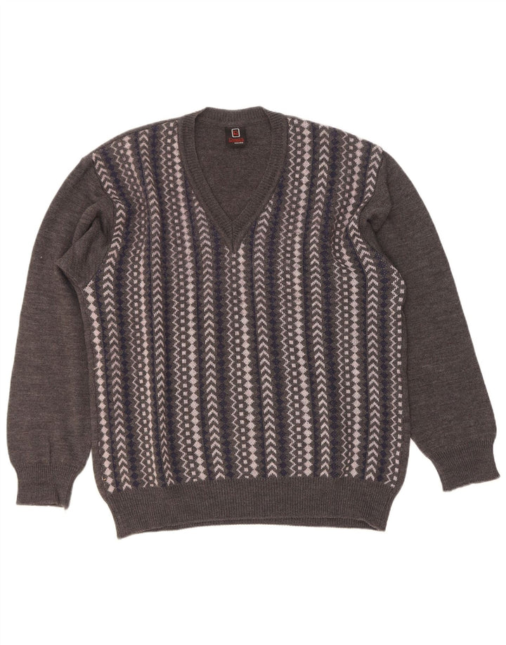 Rinaldi Hombre Jersey Con Cuello En V De Lana Geométrica Gris Medio
