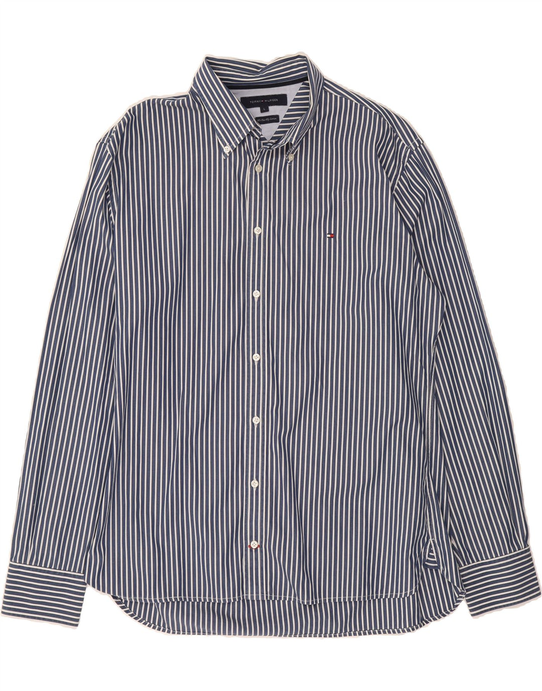 TOMMY HILFIGER Mens Shirt Large Navy Blue Striped Cotton Vintage Tommy Hilfiger and Second-Hand Tommy Hilfiger from Messina Hembry 
