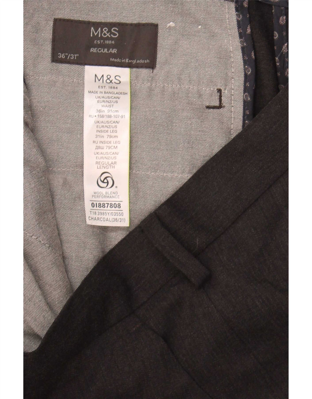 Marks & Spencer Pantalón de traje regular recto para hombre W36 L31 Poliéster gris