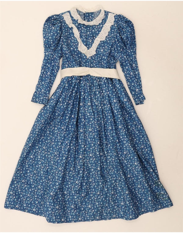 Vintage mujer manga larga Maxi vestido Reino Unido 10 pequeño azul floral
