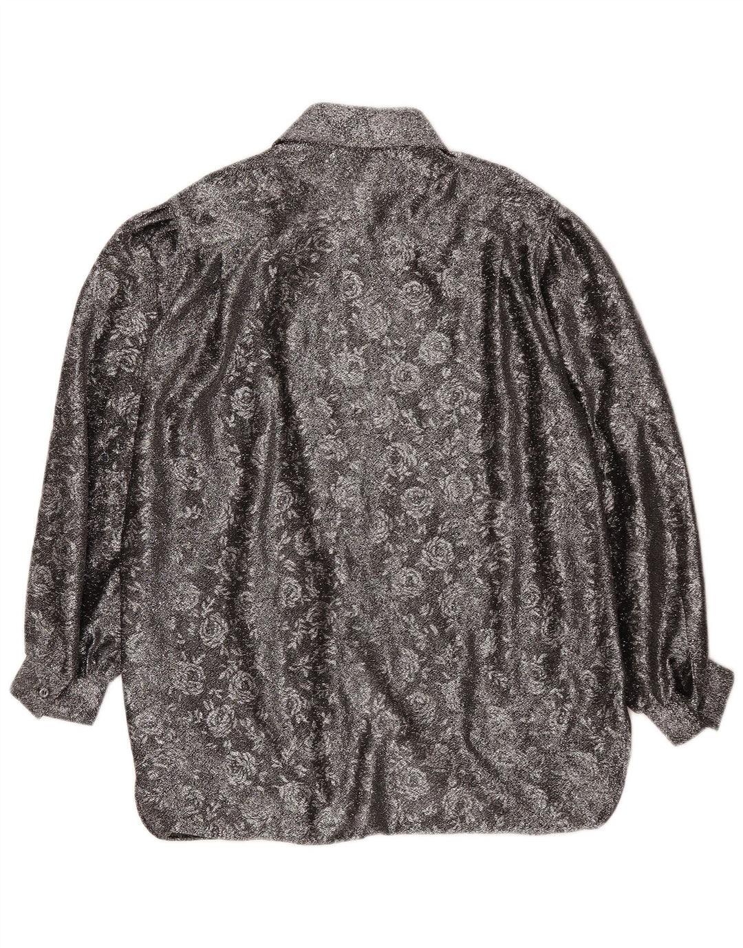 Vintage mujer suelta ajuste camisa EU 42 poliéster floral plateado grande
