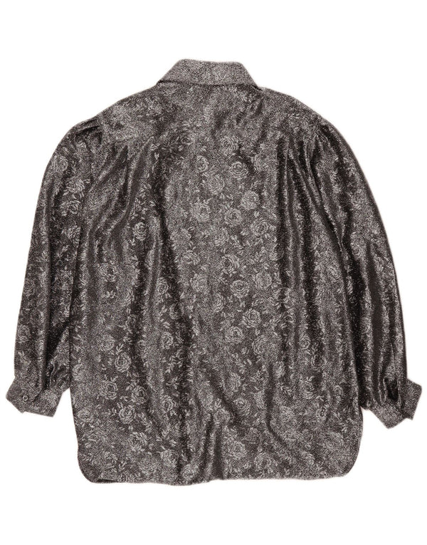 Vintage mujer suelta ajuste camisa EU 42 poliéster floral plateado grande