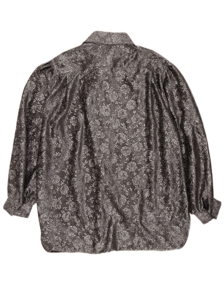 Vintage mujer suelta ajuste camisa EU 42 poliéster floral plateado grande