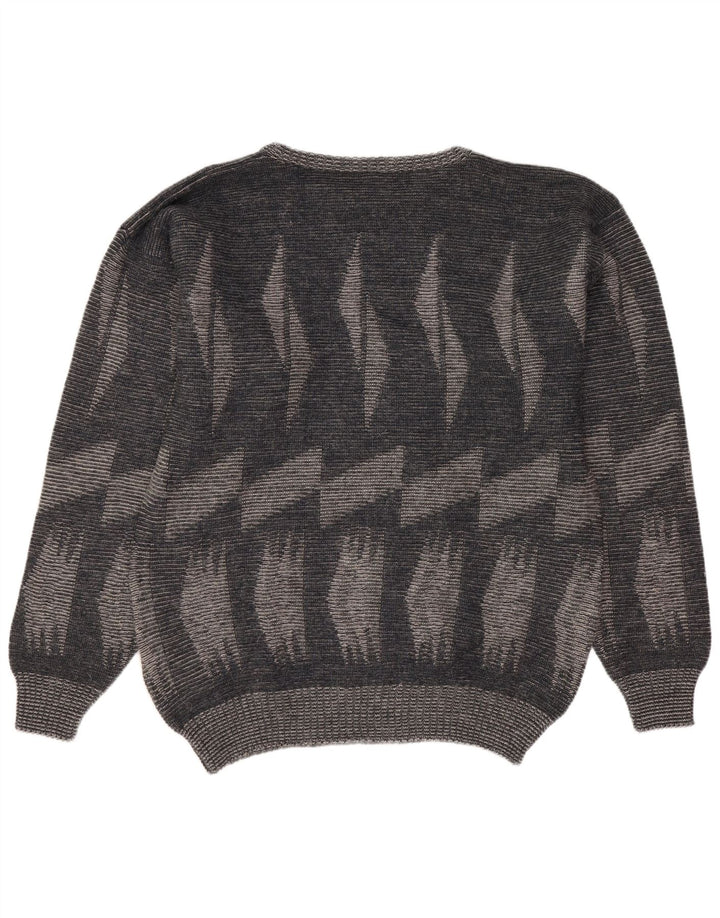 Vintage hombres cuello redondo jersey suéter grande gris geométrico