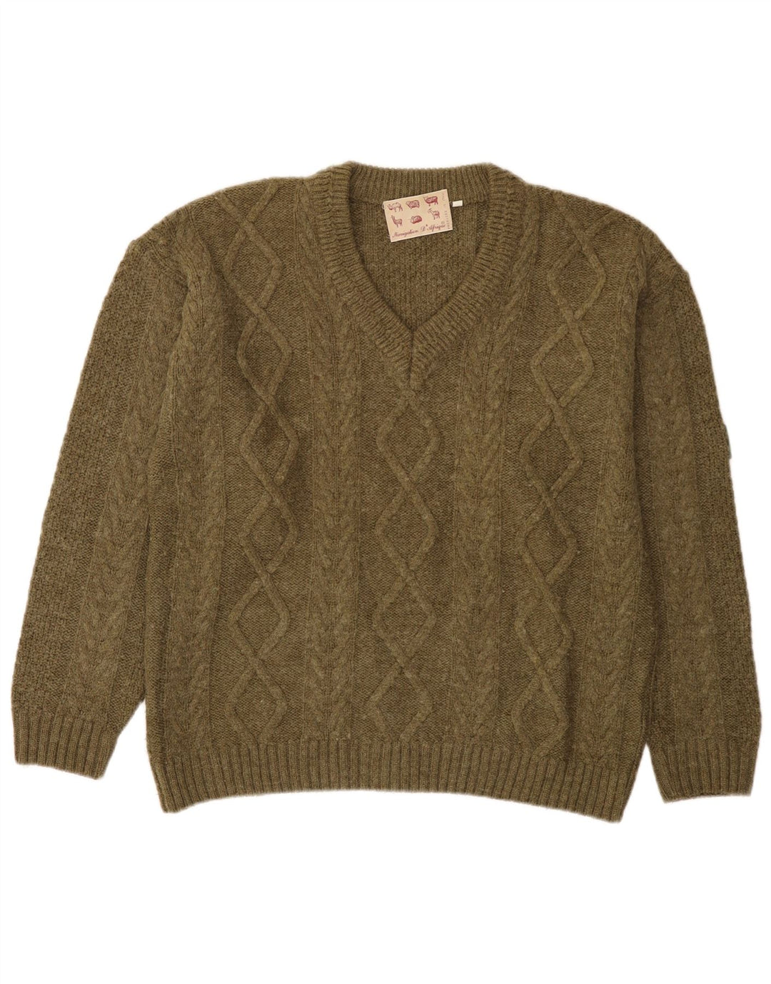 Vintage hombres V-cuello jumper suéter medio caqui acrílico