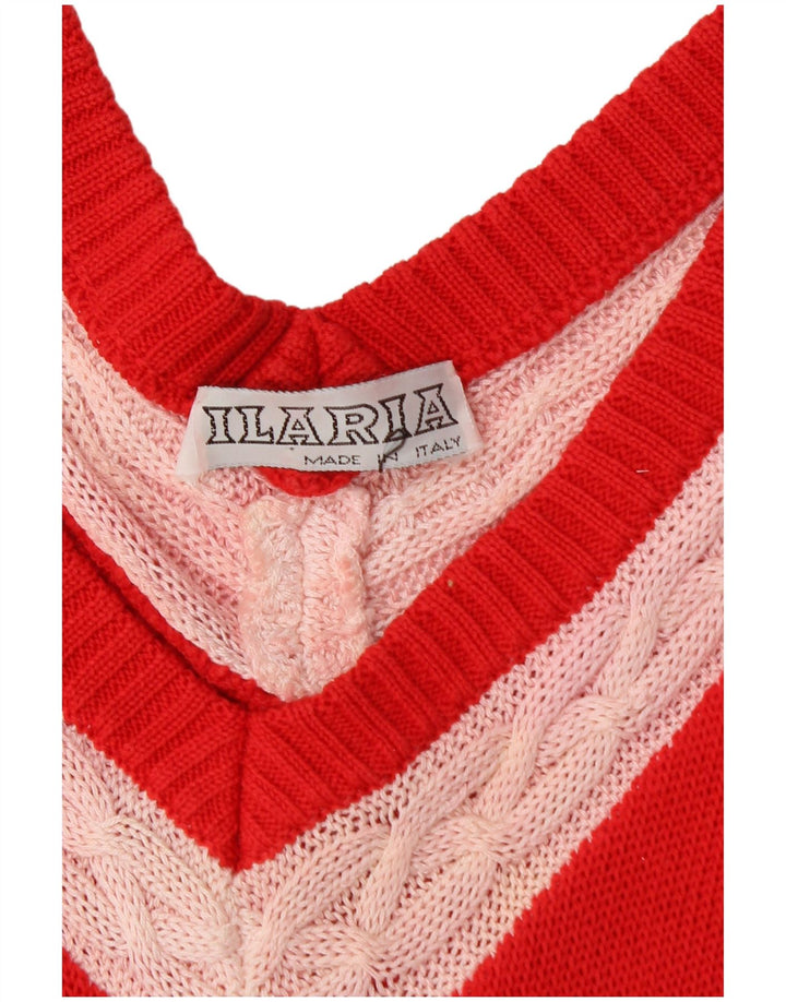 VINTAGE Suéter de jersey largo con cuello en V para mujer Reino Unido 18 XL Bloque de color rojo