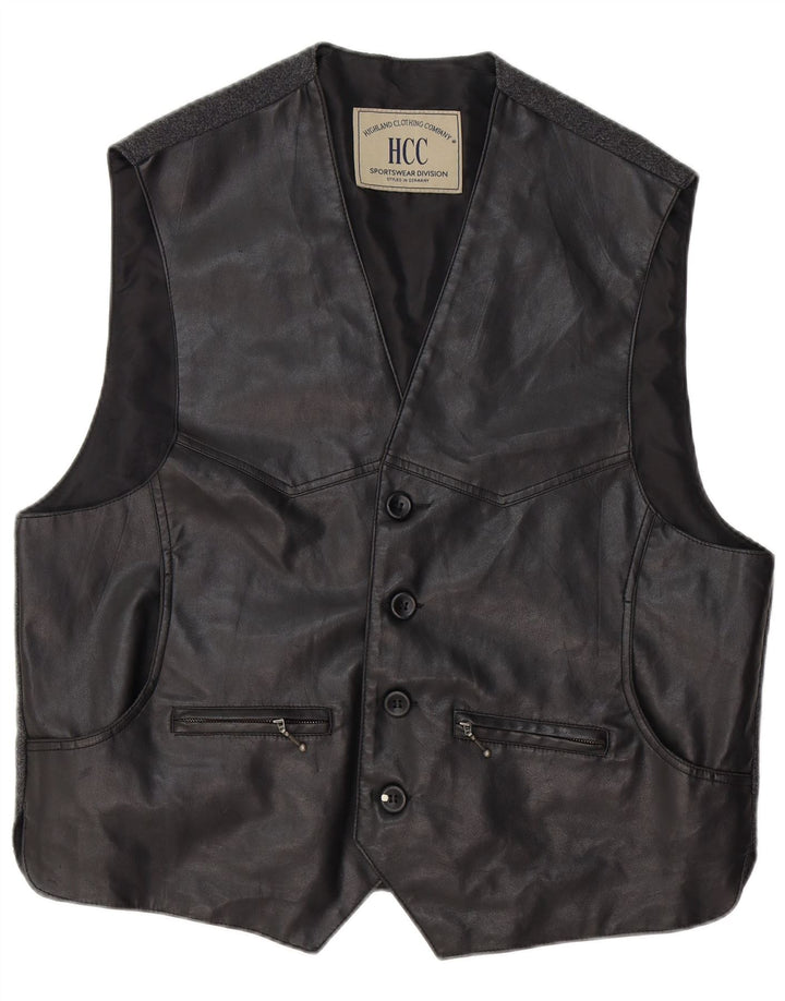 VINTAGE Mens Leather Waistcoat XL Black Leather
