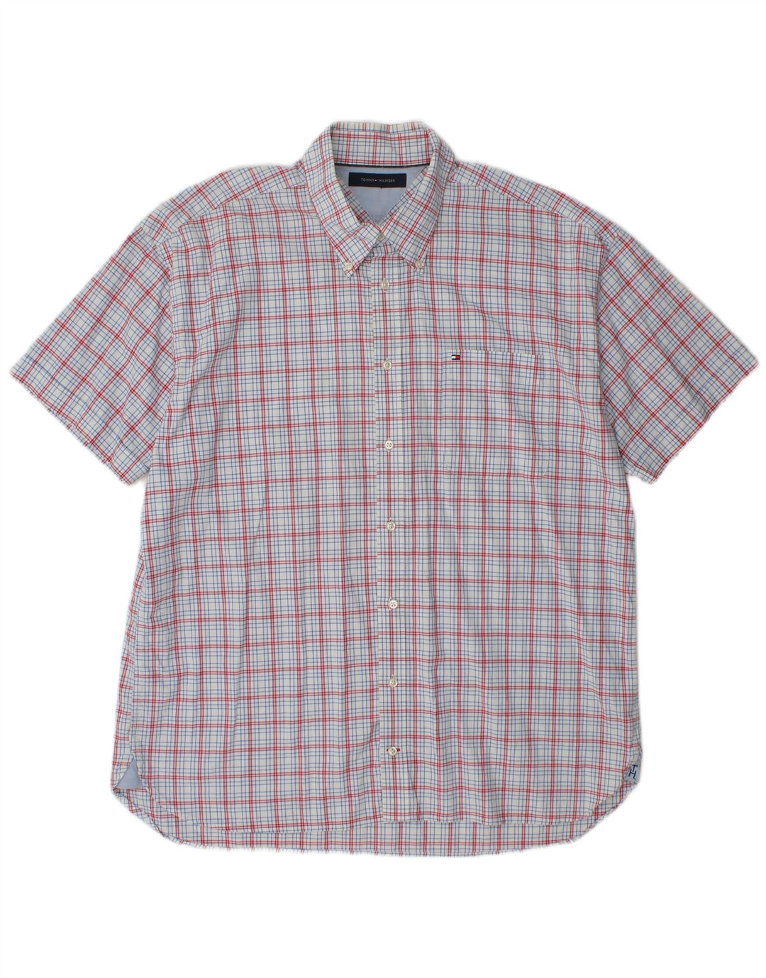 TOMMY HILFIGER Camisa de manga corta para hombre XL Blue Check Cotton