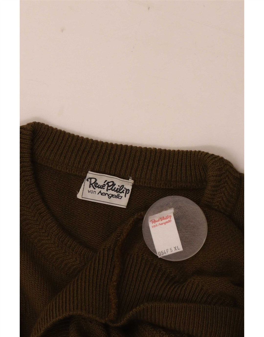 Vintage hombres cuello redondo jersey suéter XL lana caqui