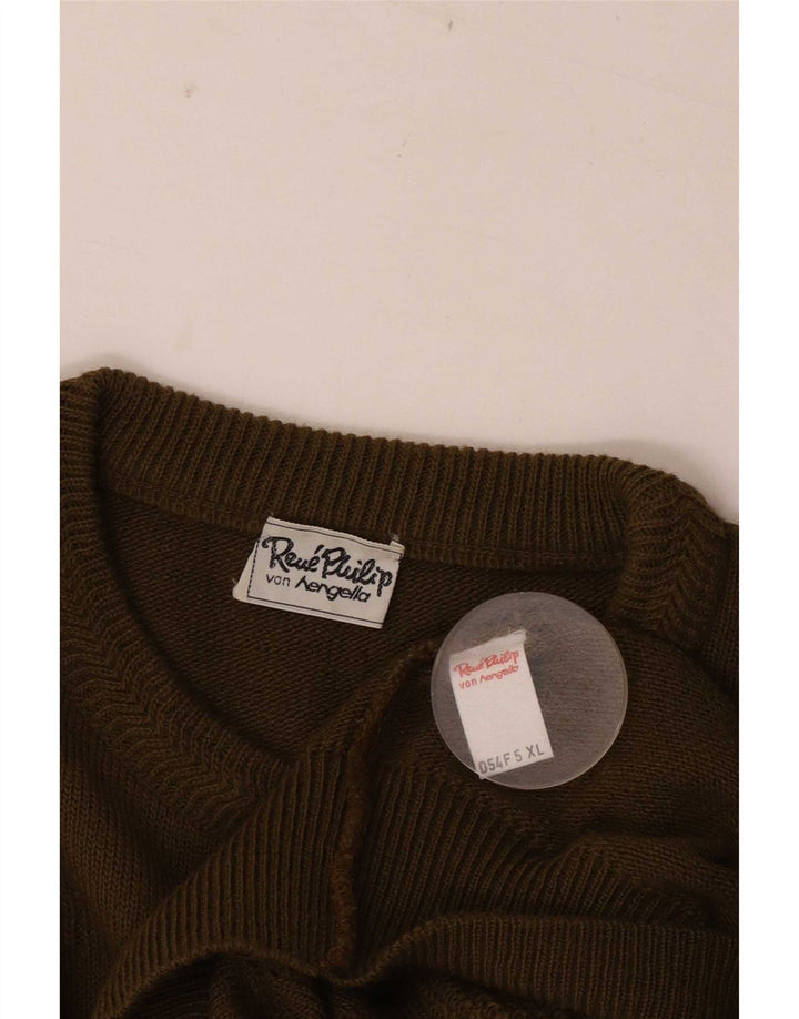 Vintage hombres cuello redondo jersey suéter XL lana caqui