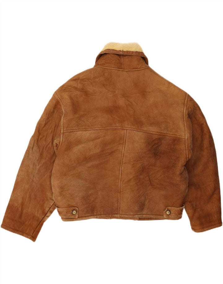 Vintage hombres doble pecho shearling chaqueta Reino Unido 20 2XL marrón shearling