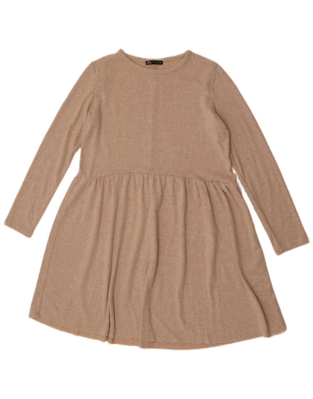 Zara Mujer Vestido Acampanado De Manga Larga UK 42 Poliéster Moteado Beige Medio