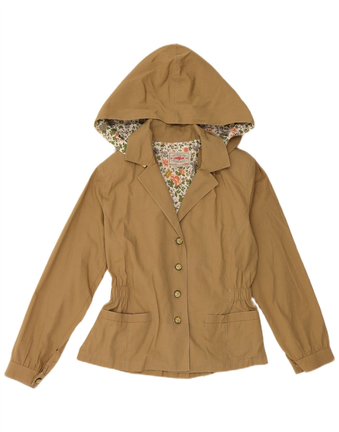 VINTAGE Mujer 4 Botones Con Capucha Blazer Chaqueta Tamaño 6 2XS Algodón Marrón