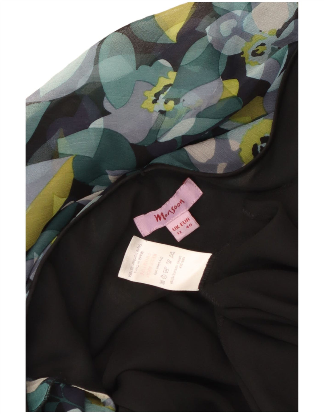 Monsoon Vestido de verano para mujer UK 40 Mediano Seda floral negra