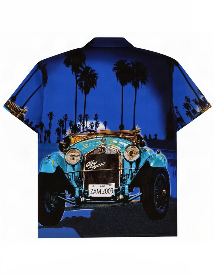 Vintage hombres hawaiano manga corta camisa grande azul poliéster
