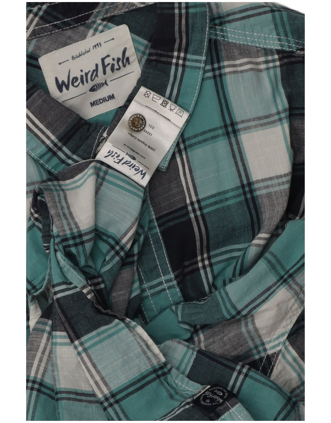 Weird Fish Camisa de manga corta para hombre de algodón a cuadros azul medio