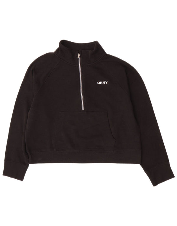 Dkny Mujer Crop Zip Neck Sudadera Jumper UK 46 Grande Algodón Negro