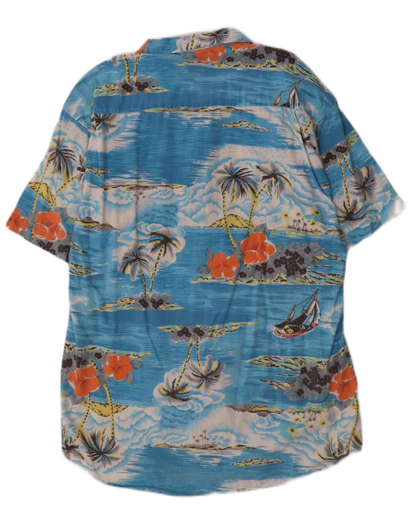 Vintage hombres camisa de manga corta azul medio floral algodón hawaiano