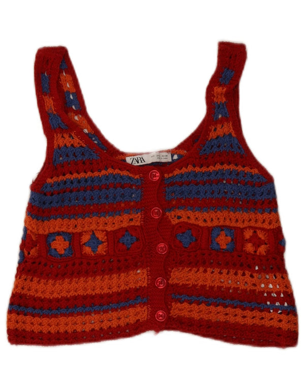 Zara Top corto de crochet sin mangas para mujer Reino Unido 8 Pequeño Algodón geométrico rojo