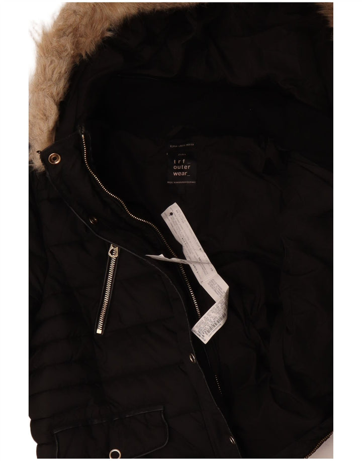 Zara Mujer Chaqueta Acolchada Con Capucha UK 44 Mediana Poliéster Negro