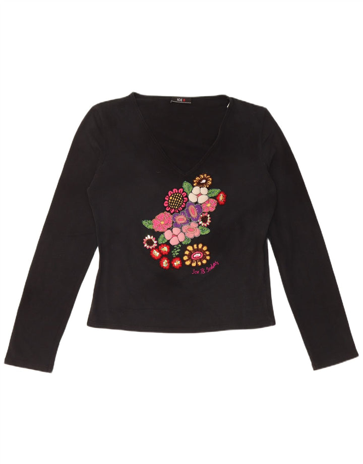 ICEBERG Top corto con gráfico para mujer, manga larga, IT 46, grande, negro, floral