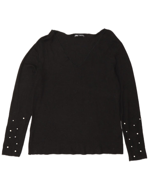 Zara Mujer Jersey Con Cuello En V UK 40 XL Viscosa Manchada Negra
