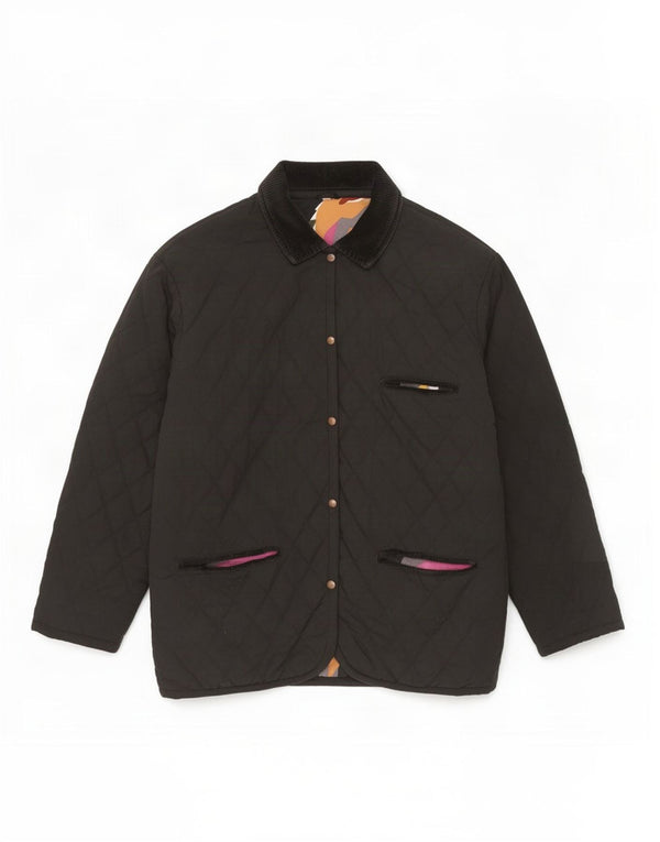 Vintage mujer chaqueta acolchada Reino Unido 14 grande negro poliamida retro