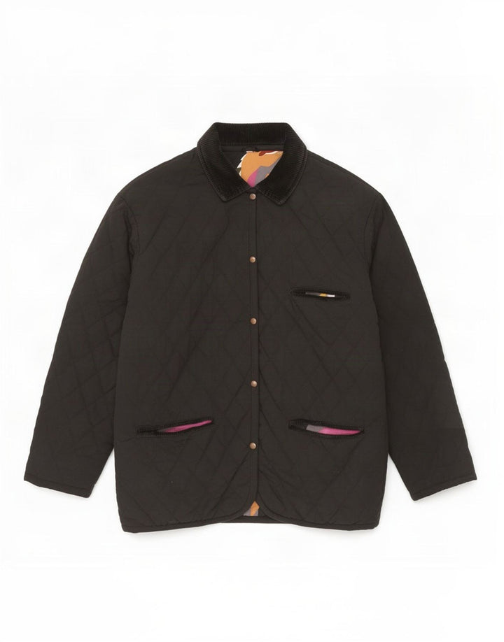 Vintage mujer chaqueta acolchada Reino Unido 14 grande negro poliamida retro