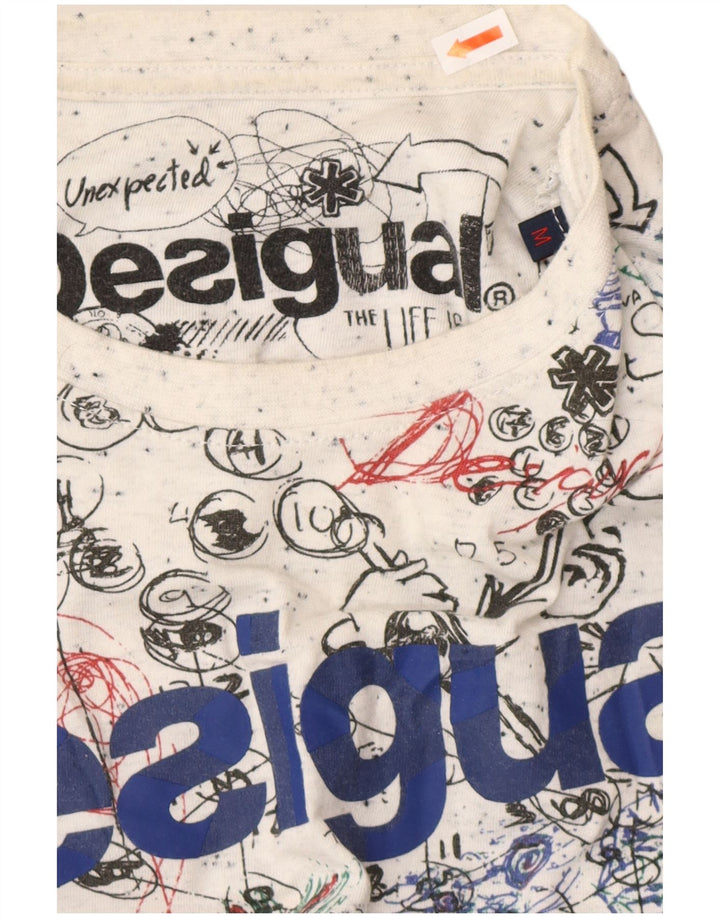 DESIGUAL Camiseta con estampado abstracto para hombre Top de algodón blanco mediano