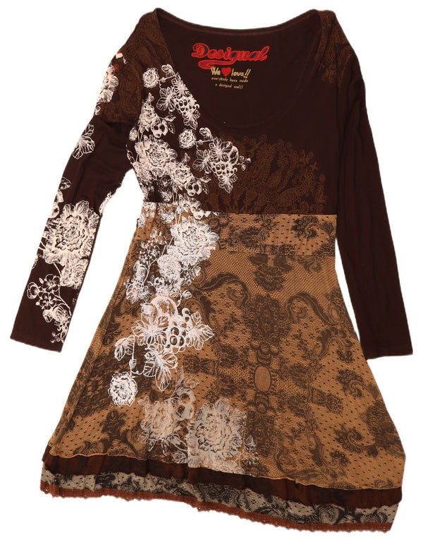 Desigual Vestido acampanado de manga larga con gráfico para mujer UK 20 2XL Marrón Paisley