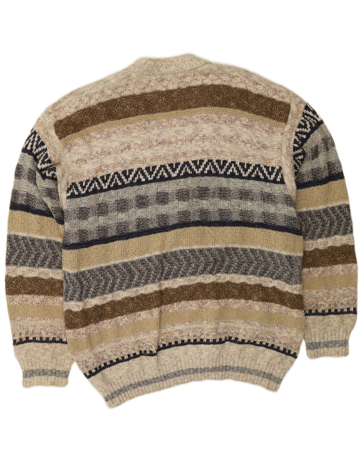 VINTAGE Hombres Cardigan Suéter Grande Beige Rayas