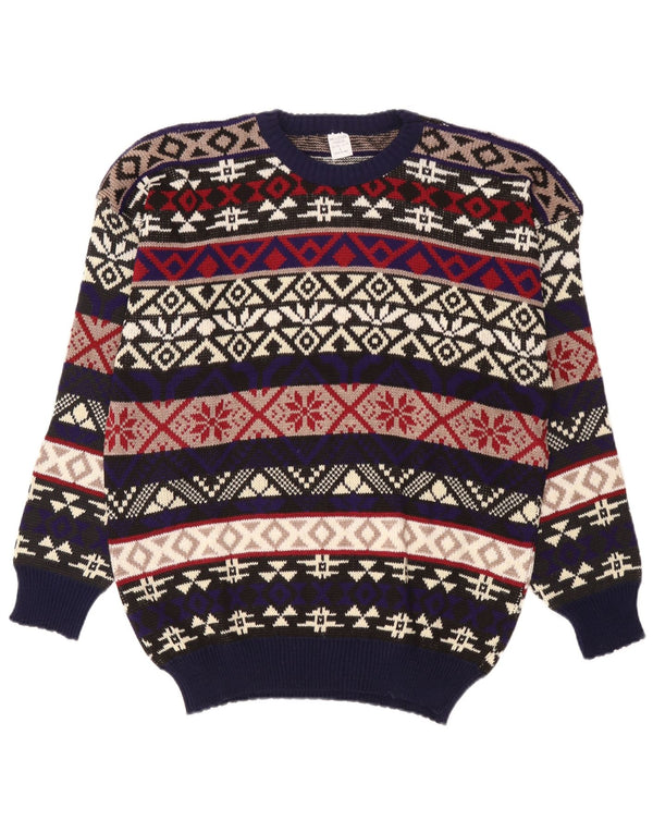 Vintage hombres cuello redondo jersey suéter grande multicolor Fair Isle acrílico